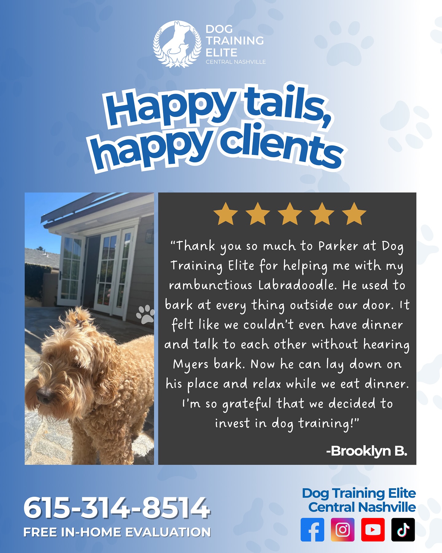 Peaceful dinners and quiet nights, that’s the dream! 💙

Thank you, Brooklyn, for sharing your story about Myers’ transformation. From constant barking to calmly relaxing during family meals, that’s what balanced training can do!

Ready to enjoy calm evenings with your dog too? Let’s make it happen!
📞 615-314-8514
📍 Dog Training Elite Central Nashville

