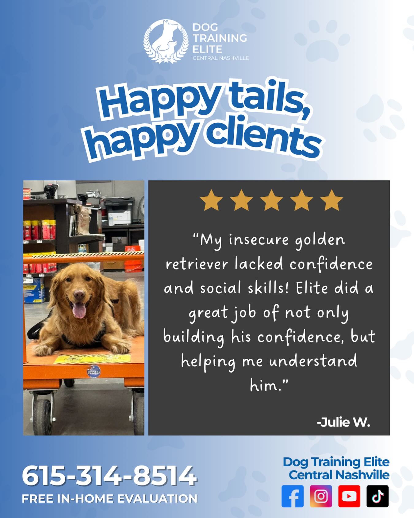 Confidence unlocked!💙
Julie’s golden retriever went from shy and unsure to calm, confident, and social and that’s exactly why we love what we do.
Training isn’t just about teaching dogs commands, it’s about helping owners understand their dogs on a deeper level. 💙

Let’s build your dog’s confidence together!
📞 615-314-8514
📍 Dog Training Elite Central Nashville

