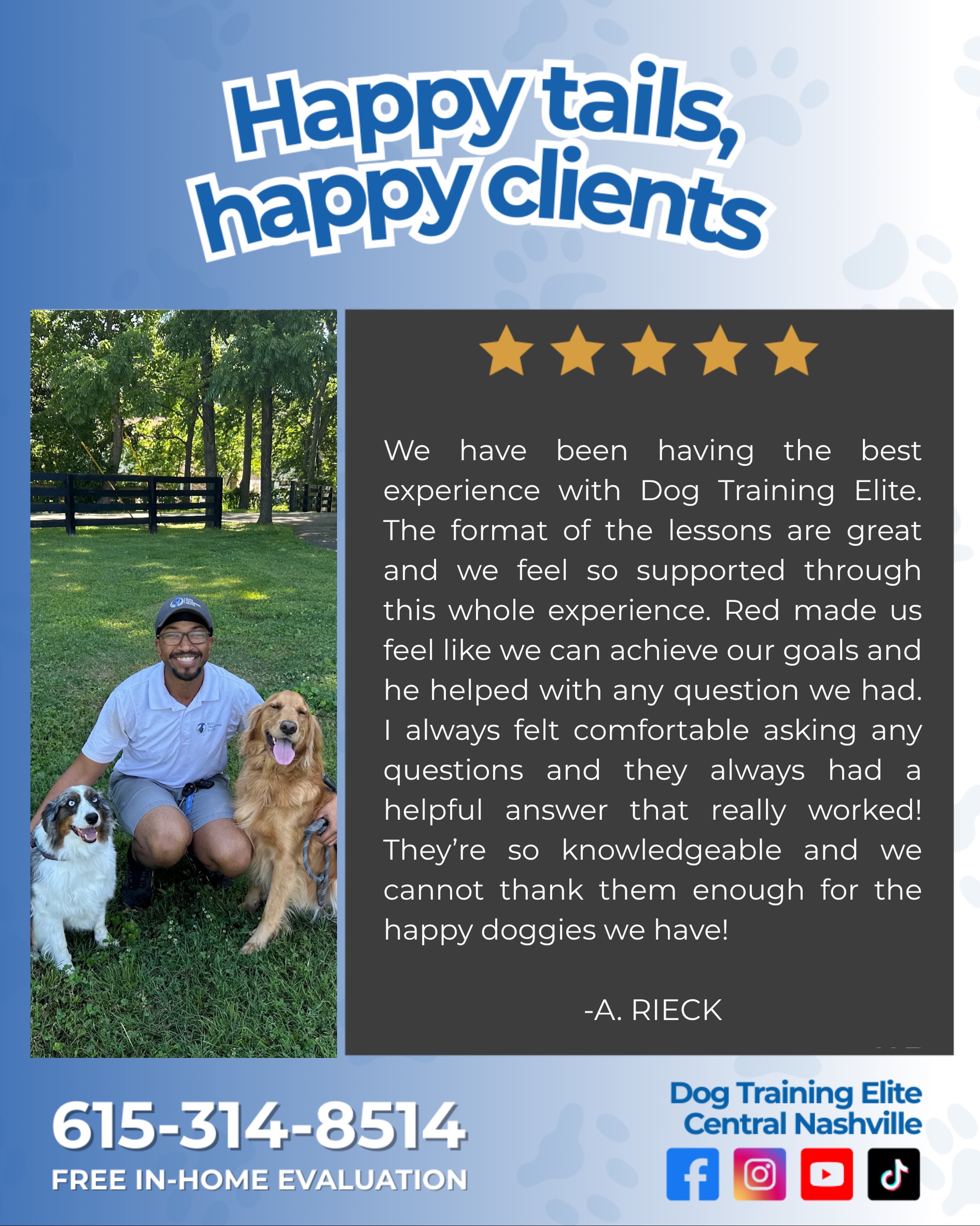 Reviews like this never get old. 💙💙💙

Thank you so much for trusting our team with your pups. Watching families reach their goals and build a better relationship with their dogs is why we love what we do.

If you're ready to stop stressing and start enjoying life with your dog, give us a call. We'd love to meet you and see how we can help!

CALL TODAY! 📞 (615) 314-8514

dogobedience dogbehavior dogowner puppytraining offleashtraining servicedogtraining therapydogtraining happydogs doglife positivetraining nashvilletn middletn dogtrainingsuccess