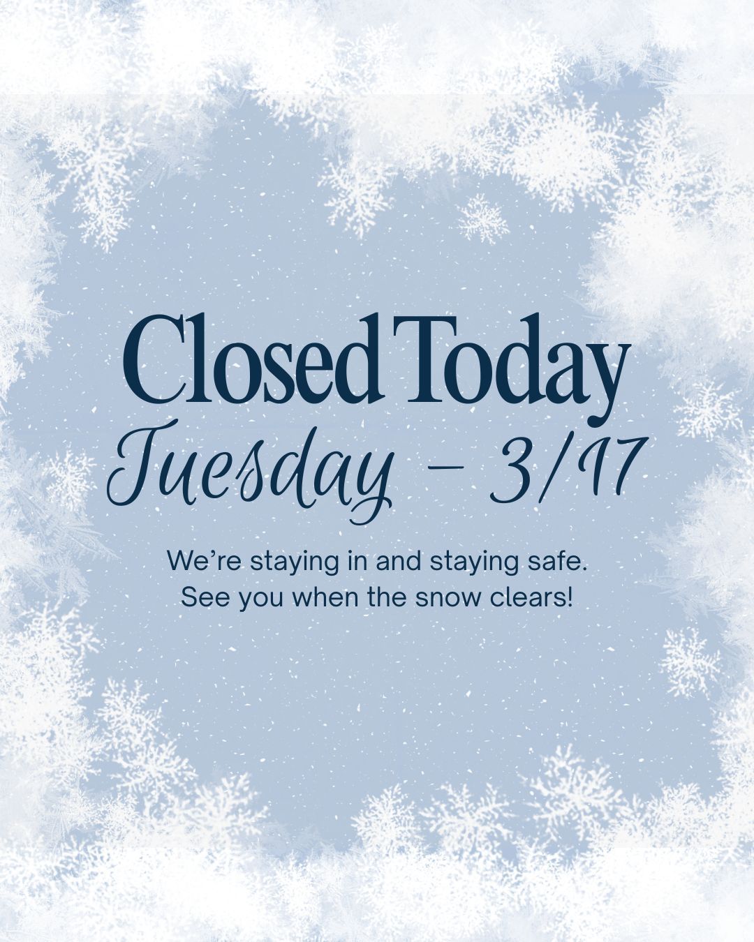 We&rsquo;re closed today to give cleanup crews time after the blizzard.

Our trainers will be reaching out to reschedule any in-home appointments, and there will be no facility activities today.

Thank you for your understanding&mdash;we&rsquo;ll see you tomorrow!
