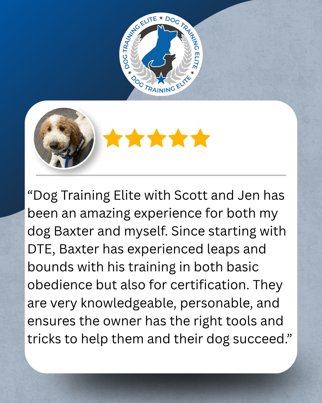 Reviews like this mean so much to us! 💙

Dog training isn&rsquo;t just about teaching the dog, it&rsquo;s about giving owners the tools, knowledge, and confidence to continue that training every day.

Seeing the progress Baxter has made in both obedience and certification training is exactly why we do what we do.

Thank you for trusting Dog Training Elite Greater Cincinnati to be part of your journey, Baxter! 🐾

