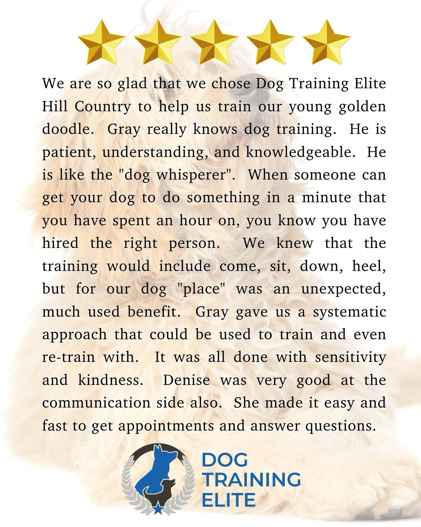 ⭐️⭐️⭐️⭐️⭐️We&rsquo;re always honored to receive a 5-star review from one of our amazing clients! And we agree: PLACE is one of the most useful commands. As far as the &ldquo;dog whisperer&rdquo; part&hellip;.well, we heard that name&rsquo;s taken!😜 So we&rsquo;ll go with canine communicator! Reach out today to schedule your free in-home evaluation. We&rsquo;d love to communicate with you AND your dog.⭐️⭐️⭐️⭐️⭐️ 