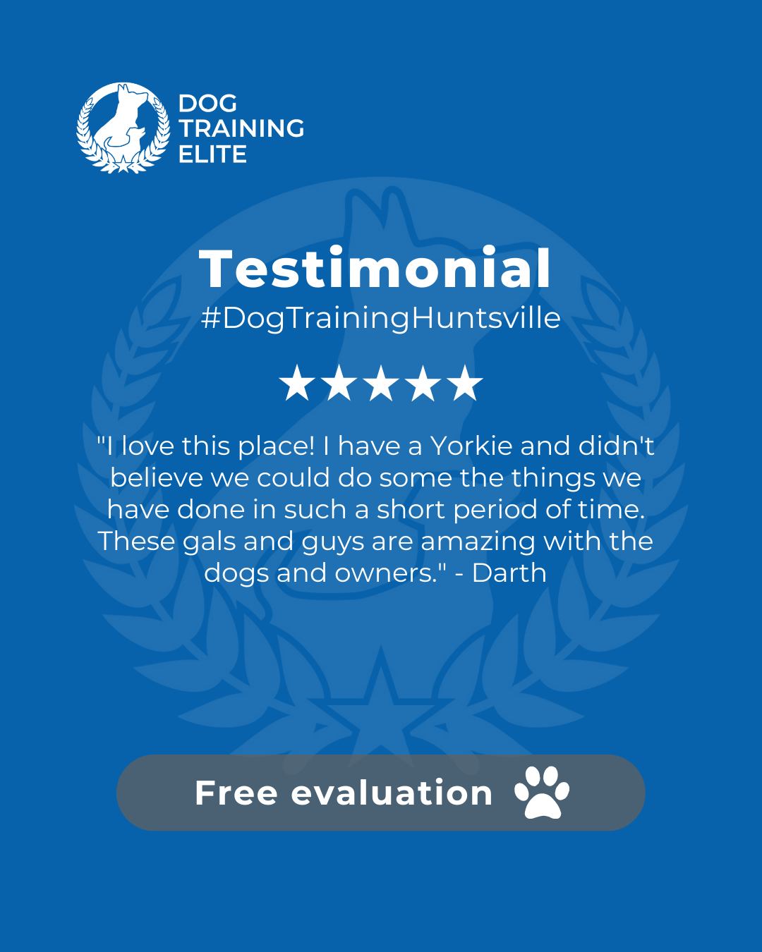I love this place! I have a Yorkie and didn't believe we could do some the things we have done in such a short period of time. These gals and guys are amazing with the dogs and owners. - Darth
Review from a happy customer 🐾

Training transformed their behavior and strengthened their bond. Discover how your dog can thrive too!

 🎉 Make better behavior your first win of the year. Book your free in-home evaluation and see why Huntsville and Madison dog owners choose Dog Training Elite for real, lasting results.
 📍 https://maps.app.goo.gl/Mg5GPWjPAqJ1osvy6

 

