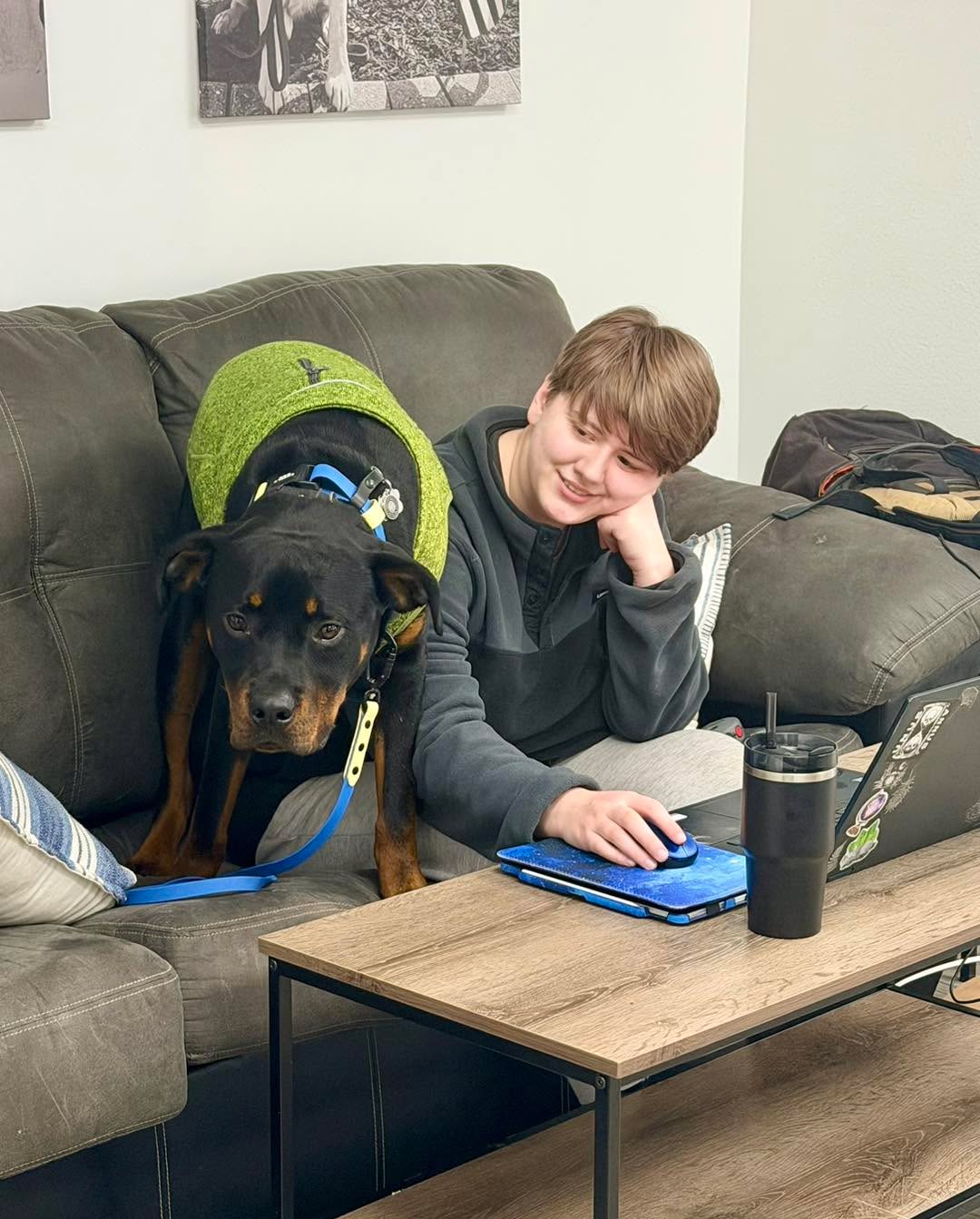Poor K,  can&rsquo;t get any privacy. First it was Beef&hellip;now it&rsquo;s Tate, trying to be a couch potato.  It&rsquo;s very hard to get any homework done around here!
