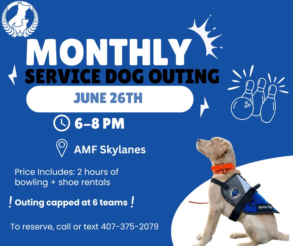 🎳 Attention DTE Service Pack!

Join us for our Monthly Service Dog Outing on Friday, June 26th, from 6:00 PM &ndash; 8:00 PM for an evening of bowling!

Important Details:

This outing is limited to 6 teams (one handler per dog).
To reserve your spot, please call or text (407) 375-2079
The cost is $30 per team (non-refundable), which includes two hours of bowling and shoe rental.
Any additional food, beverages, or services are the responsibility of the individual and are not covered by Dog Training Elite.

Bringing Family Members?
Additional family members are welcome; however, lane availability cannot be guaranteed. If they wish to bowl, you will be responsible for reserving and paying for a separate lane.