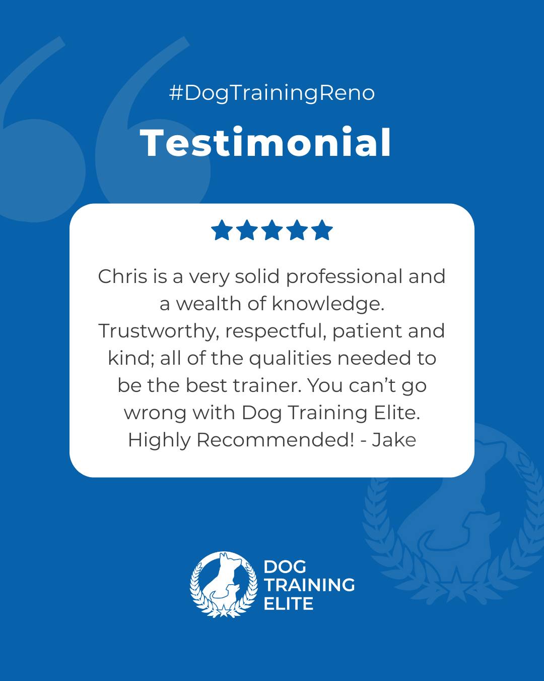 Chris is a very solid professional and a wealth of knowledge. Trustworthy, respectful, patient and kind; all of the qualities needed to be the best trainer. You can&rsquo;t go wrong with Dog Training Elite. Highly Recommended! - Jake

Want a dog you can truly rely on? At Dog Training Elite Reno, Chris help turn your dog into a confident, attentive companion for home, adventures, and everyday life. Each session builds trust, skills, and peace of mind for both you and your dog.

➡️ From basic obedience to advanced service dog training, Dog Training Elite Reno helps dogs near Sparks build better behavior and stronger bonds this season. 🐾
 📍 https://maps.app.goo.gl/ZRzGfemQvtXWwd8r7



