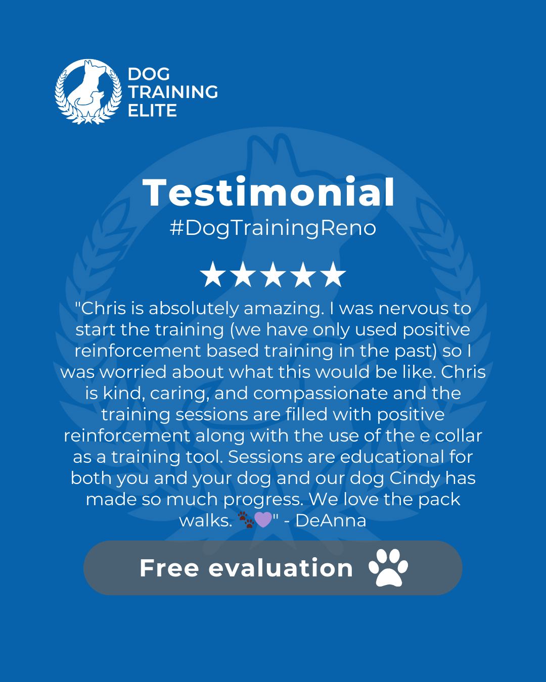 Chris is absolutely amazing. I was nervous to start the training (we have only used positive reinforcement based training in the past) so I was worried about what this would be like. Chris is kind, caring, and compassionate and the training sessions are filled with positive reinforcement along with the use of the e collar as a training tool. Sessions are educational for both you and your dog and our dog Cindy has made so much progress. We love the pack walks. 🐾💜 - DeAnna
Review from a happy customer 🐾

Training transformed their behavior and strengthened their bond. Discover how your dog can thrive too!

 🎉 Make better behavior your first win of the year. Book your free in-home evaluation and see why Reno and Sparks dog owners choose Dog Training Elite for real, lasting results.
 📍 https://maps.app.goo.gl/ZRzGfemQvtXWwd8r7

 

