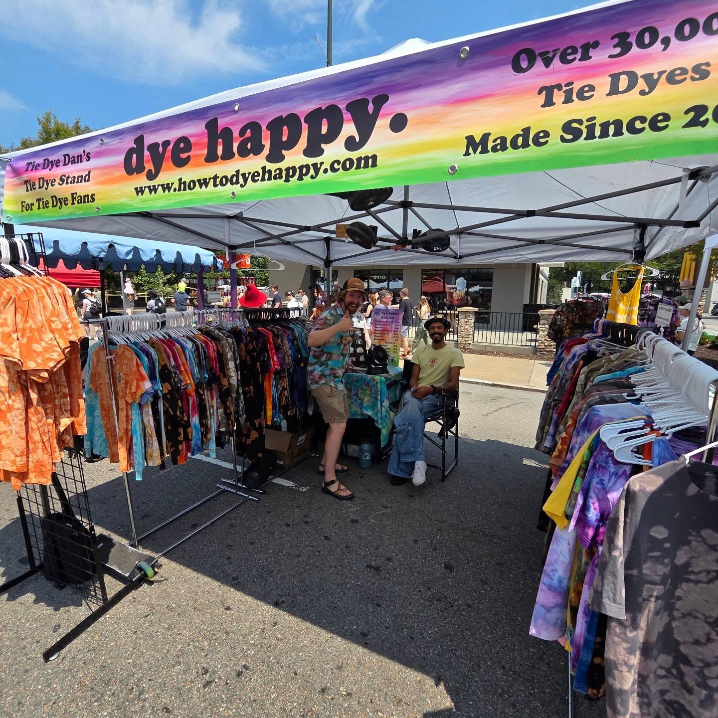 We love having great neighbors @carytownwatermelonfestival ! This is Tie Dye Dan. This is his Tie Dye Stand. Dye Happy is his Tie Dye brand. To hear the rest of this epic rhyme you have to come to the festival and visit @howtodyehappy after you come see us!!!!