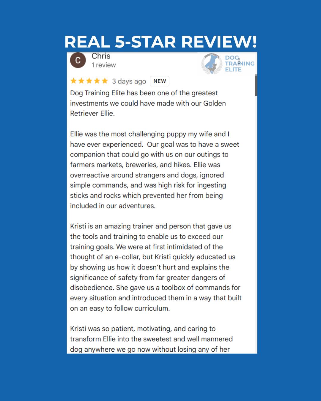 Chris wrote this about their golden retriever, Ellie:

She was the most challenging puppy they&rsquo;d ever had. They wanted a sweet companion who could go to farmers markets, breweries, and hikes. Instead, she was overreactive around strangers and dogs, ignored simple commands, and was high‑risk for eating sticks and rocks &ndash; which meant she couldn&rsquo;t safely be included in their adventures.

They called Dog Training Elite and, in his words, &ldquo;Kristi is an amazing trainer and person that gave us the tools and training to enable us to exceed our training goals.&rdquo; They were intimidated by the idea of an e‑collar at first, but after seeing how it worked and why, they realized it was about safety and clear communication, not pain. Ellie is now the sweetest, well‑mannered dog everywhere they go, without losing any of her playful, loving, happy personality.

He also mentioned how Jeremy uses group class to simulate everyday situations so they feel prepared and held accountable in a safe way.

If you&rsquo;re where they were &ndash; overwhelmed but willing to learn &ndash; and you want a dog you can actually enjoy everywhere you go, that&rsquo;s exactly what we help with.

Call or text 417‑427‑3797, or book a quick 10 minute fit call:
https://tinyurl.com/yfxd2xyj


