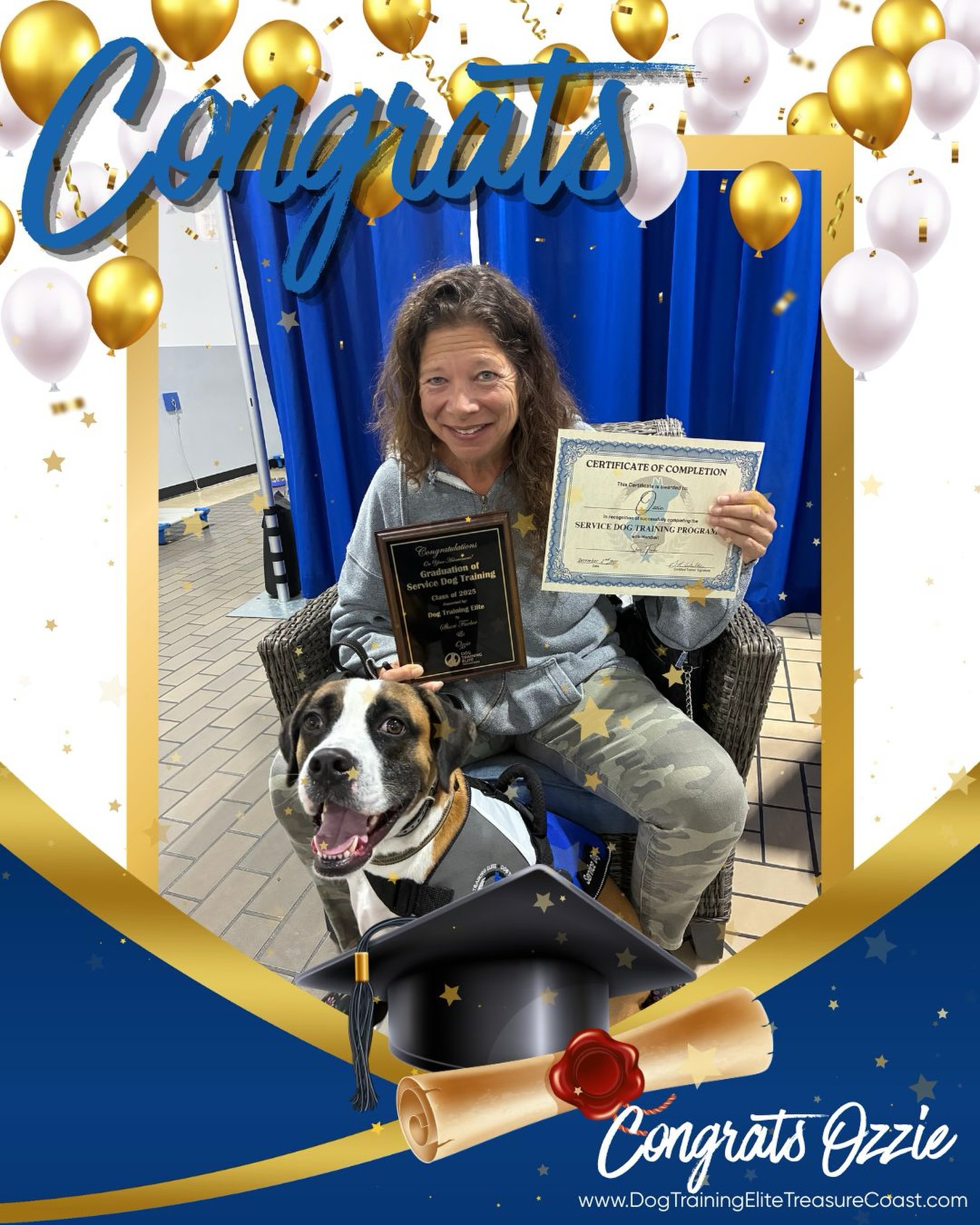Today we celebrate Shari & Ozzie, a team that has poured their hearts into this journey.
After months of training, growth, and commitment, Ozzie has officially earned his Full DTE Service Dog Qualification! 🐾🎓

Shari 🐾 your perseverance is inspiring.

Ozzie 🐾 your loyalty and heart light up the room.

Together 🐾 you&rsquo;re unstoppable.

We are honored to have walked this journey with you! 💙

