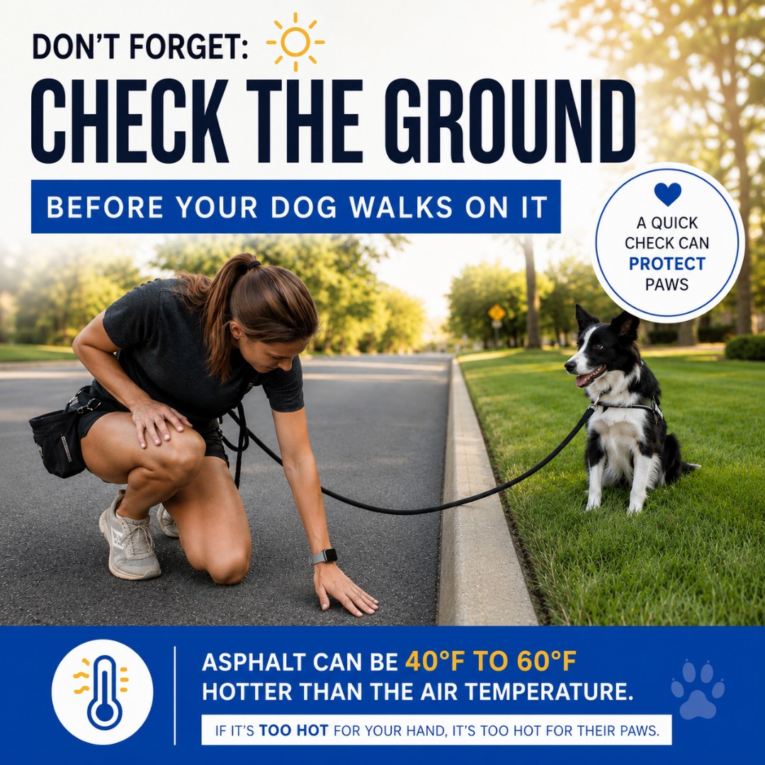 Hot pavement is one of the most overlooked summer hazards for dogs.

Asphalt can be 40&ndash;60&deg;F hotter than the air temperature.

✔️ Check the ground before every walk.
✔️ If it's too hot for your hand, it's too hot for their paws.

Protect your best friend&mdash;share this reminder with another dog owner.
📅  Have questions about our training programs? Contact us!
☎️ 1+ (763) 342-9250
📧 twin-cities@dogtrainingelite.com
💻https://dogtrainingelite.com/minneapolis