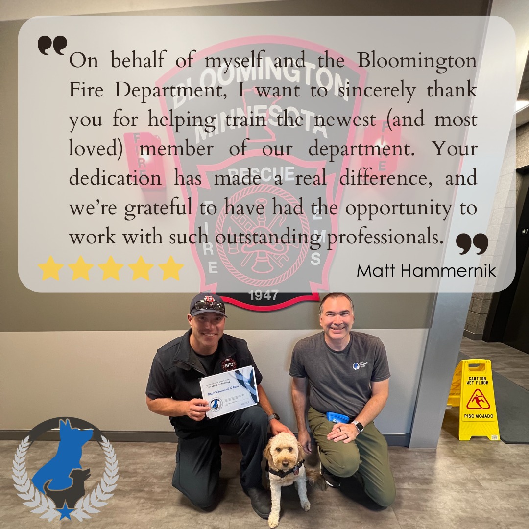 Therapy dogs are a vital part of first responder wellness. Proud to support the Bloomington Fire Department team as they bring comfort to crews and their community. Firefighters carry so much. A therapy dog&rsquo;s job is simple: lighten the load. Serving those who serve us one tail wag at a time.

📅 Looking for a facility therapy dog? Give us a call!
☎️ 1+ (763) 342-9250
📧 twin-cities@dogtrainingelite.com
💻https://dogtrainingelite.com/minneapolis