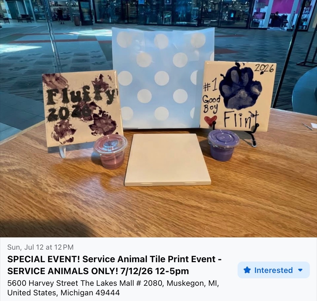 Looking for an outing with your service dog? 🐾🎨

Check out this event! Make a keepsake paw print tile with your canine partner. A simple, fun way to spend time together and create something special.

Don&rsquo;t have a service dog but still want to make a tile with your pet? No problem, order a kit and make your tile at home. 🏡 

🚫Please leave pets at home so our working teams can enjoy a calm, focused environment. These events are an important opportunity for them to connect and participate without distraction.🐕&zwj;🦺

