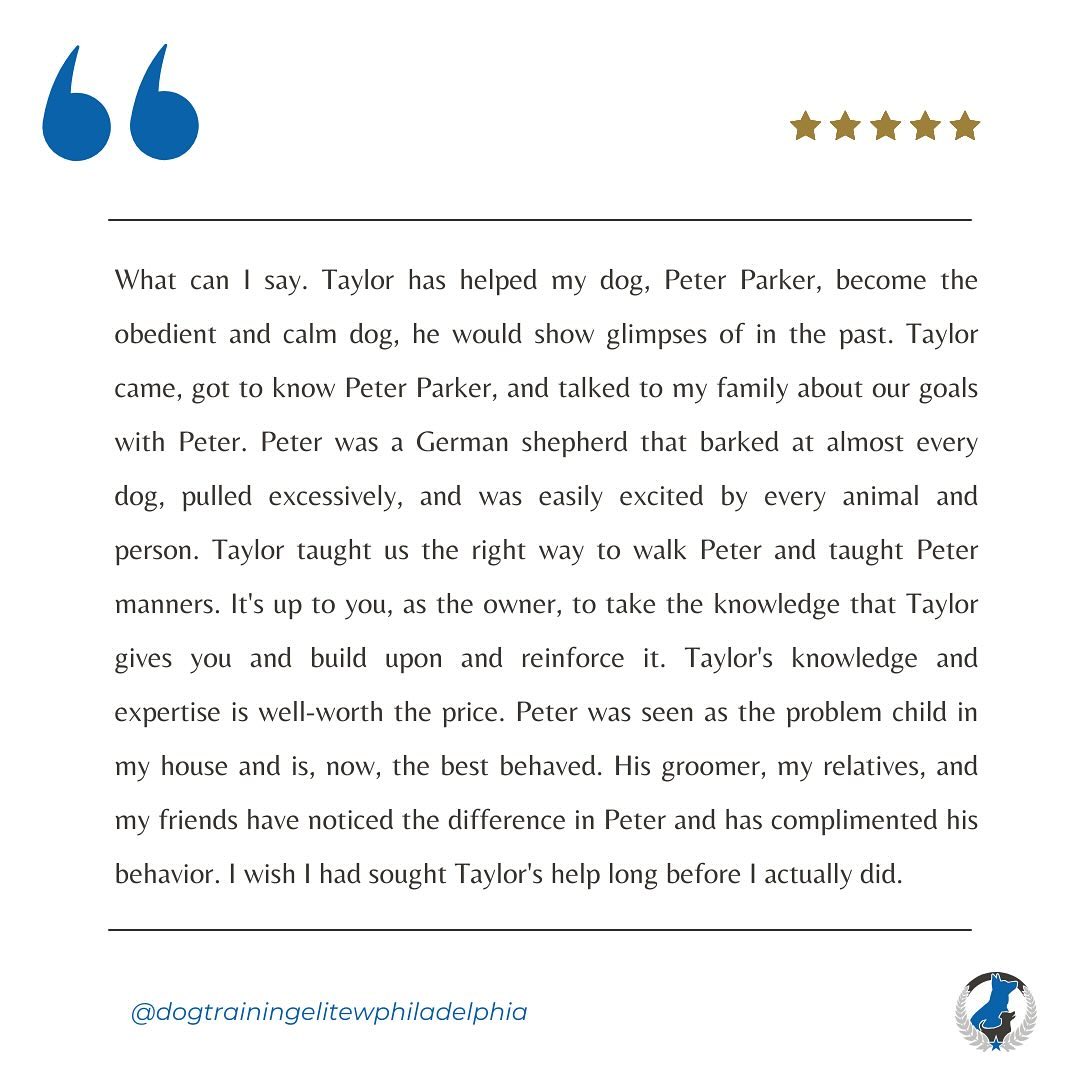 Thank you for the kind words! 💙

If our training has made a positive impact in you and your dog&rsquo;s life, we would love to hear about it! You can either leave a Google review or a social media post tagging us! Each counts as one entry (up to 2 entries allowed per family) for a chance to win a dinner for 2 at Joey Chops in Malvern!! (sorry no four legged companions). The winner will be drawn on the official last day of summer 9/22/24! 

Link to leave a review ⬇️
https://g.co/kgs/h5kdAE3

