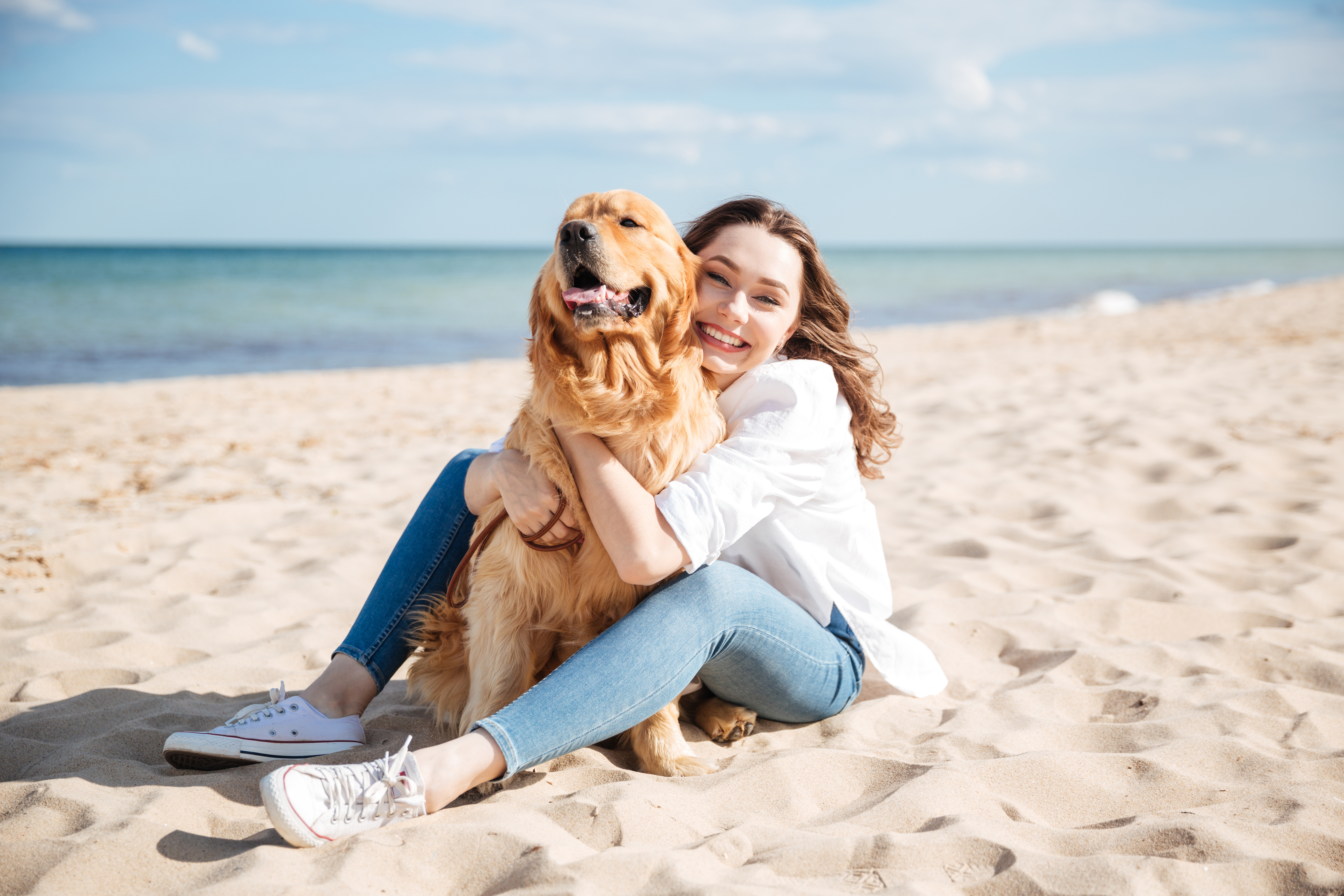 A woman holding her dog at the beach - if you're heading on a beach vacation, see Dog Training Elite's top safety tips!
