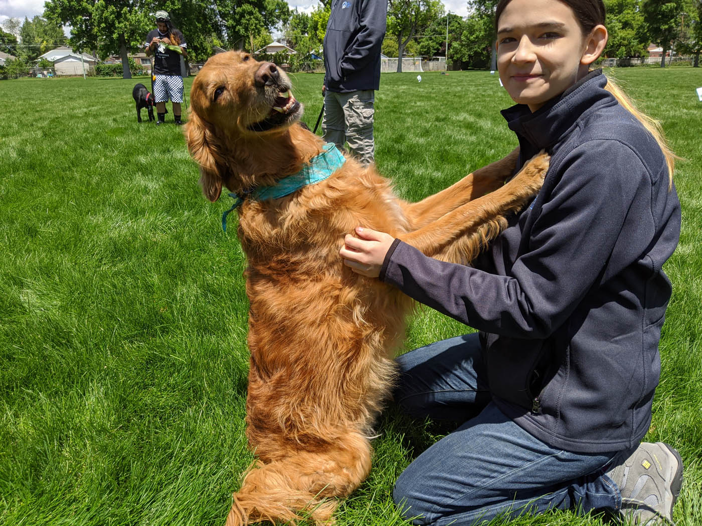 A happy, well-trained dog and their owner at an outdoor obedience class from Dog Training Elite Pittsburgh.